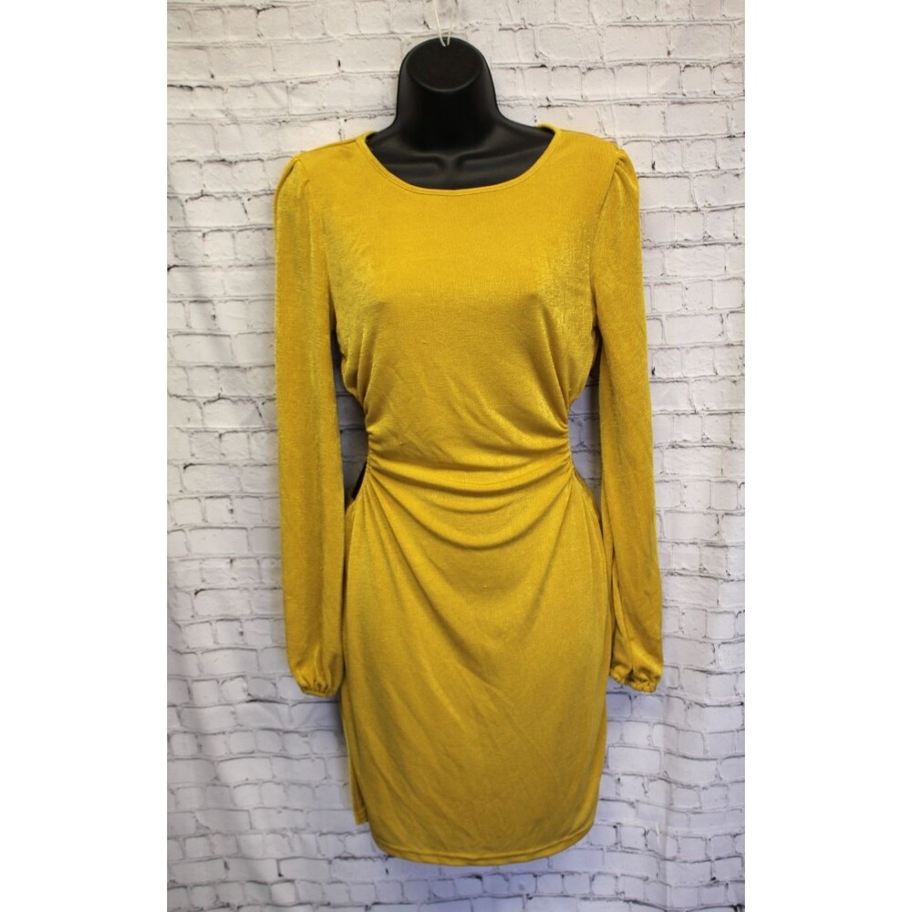 FIESTAR Stretchy Mini Dress Yellow Long Sleeve Size LARGE Cocktail Lounge Hugger